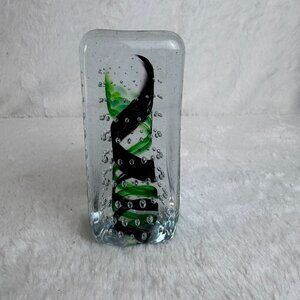Art Glass Paperweight Sculpture With Black & Green Swirl with controlled bubbles